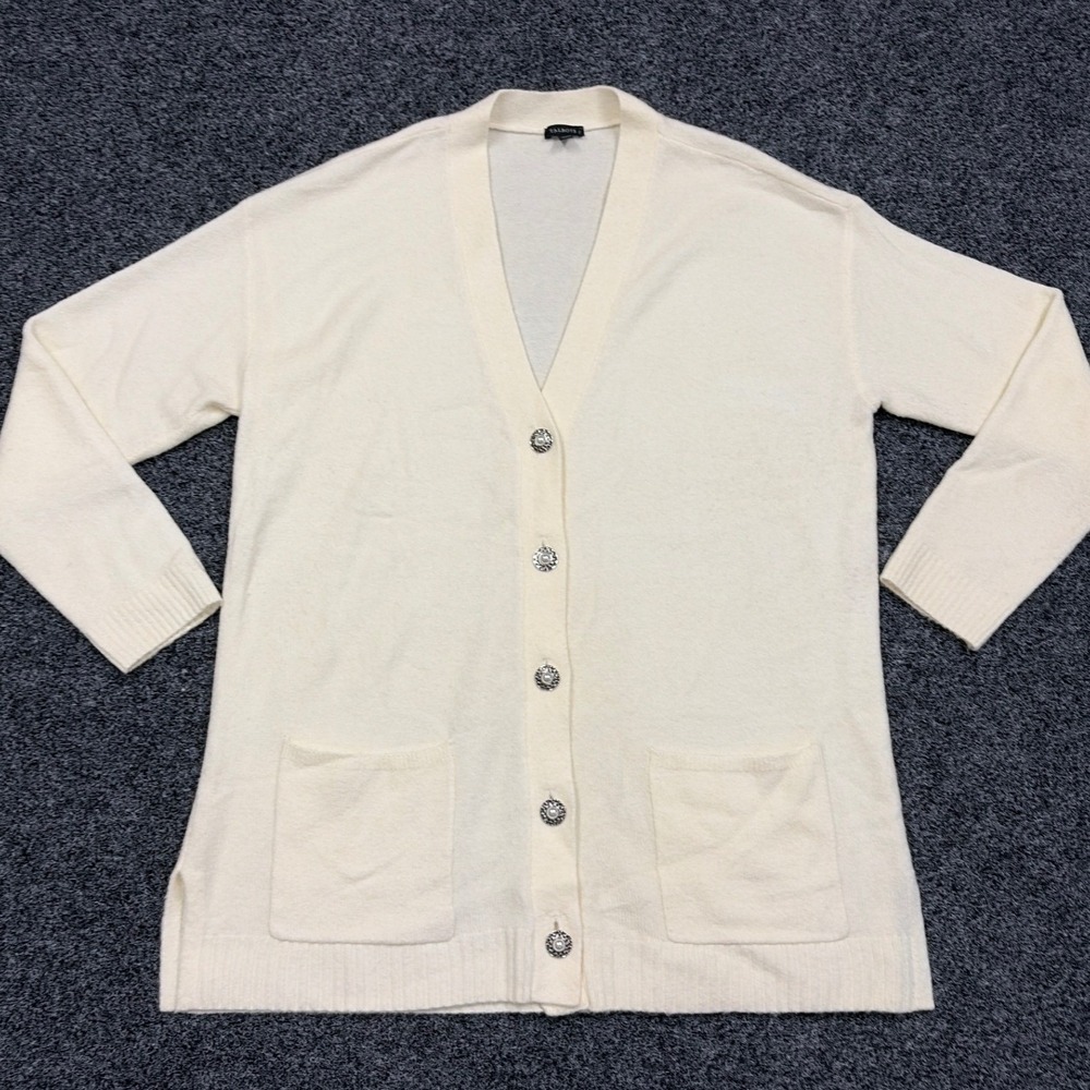 Talbots Cardigan Womens L Cream Wool Alpaca Pearl Button Longline Sweater Pocket